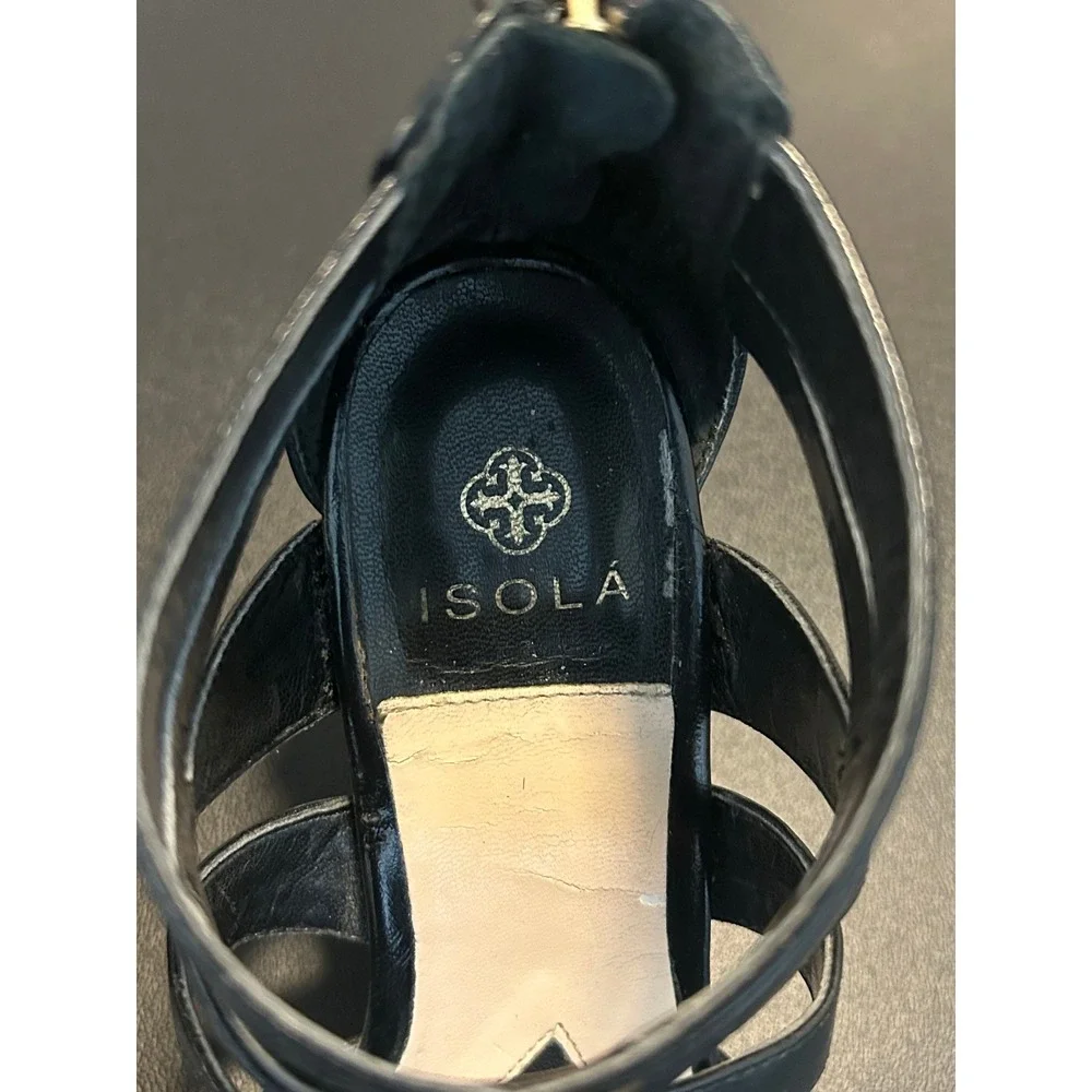 Isola Black Leather Strappy Wedge Sandals Cork Platform Back Zip Heels